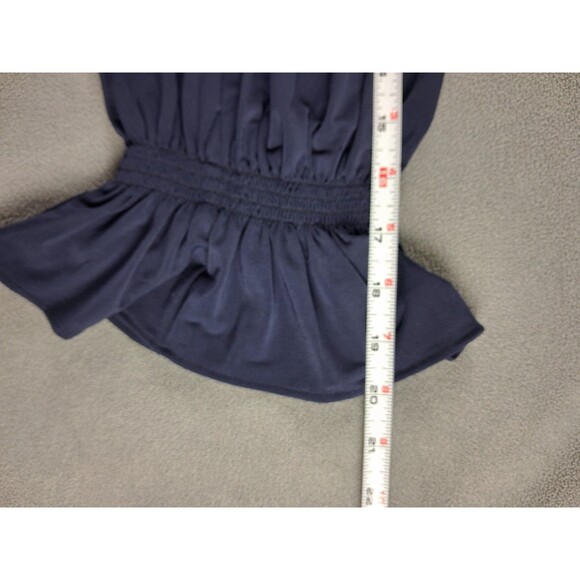 👉 Ann Taylor Navy XS Blouse Bell Sleeve Ruffle Scoop Neck Stretch Top Business - Picture 5 of 7